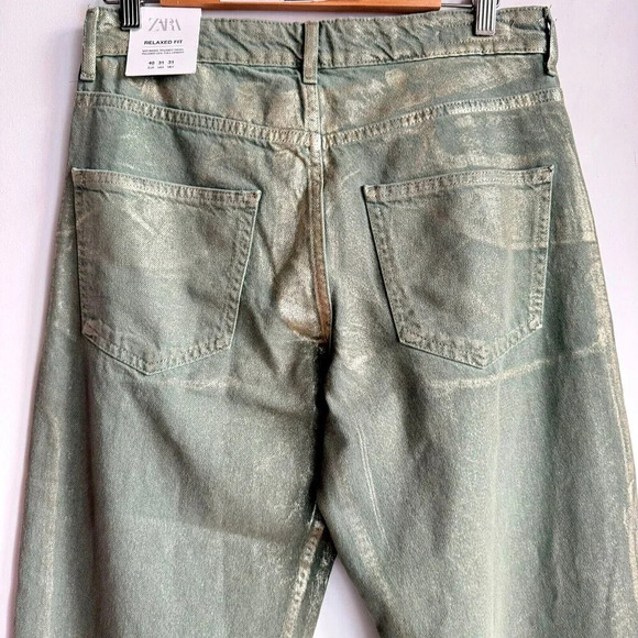 Zara Green Metallic Relaxed Baggy Jeans 31 - Picture 4 of 5